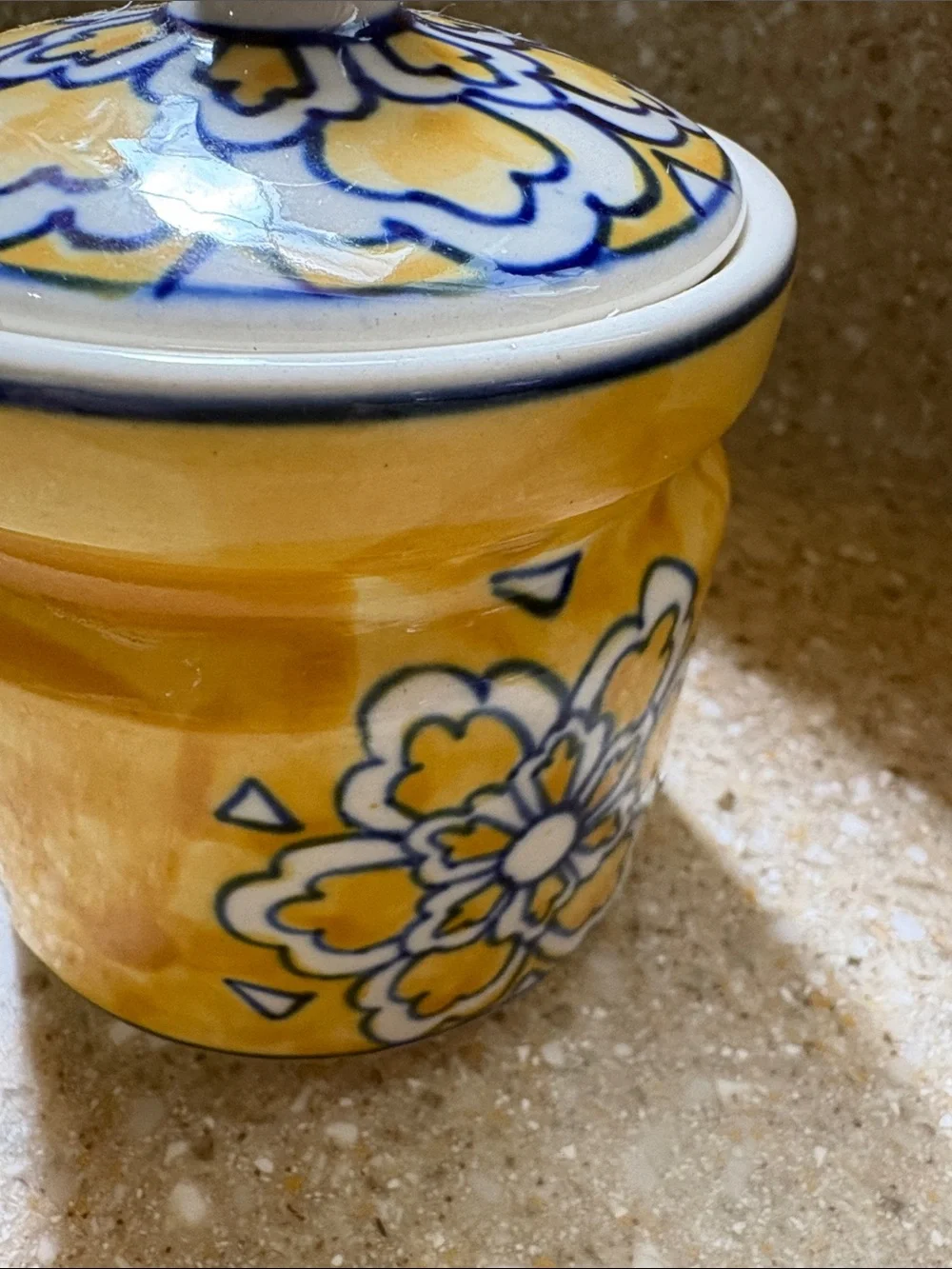 Pier 1 Imports Toscana Yellow/Blue Hand Painted Ceramic Spice Jar w/Sealing Lid